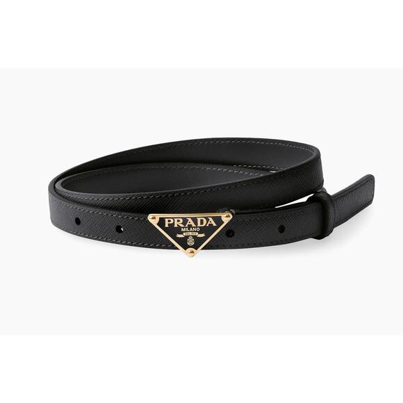 Prada Saffiano Womens Thin Plaque Logo Triangle Belt Black Leather 85 - Picture 1 of 8